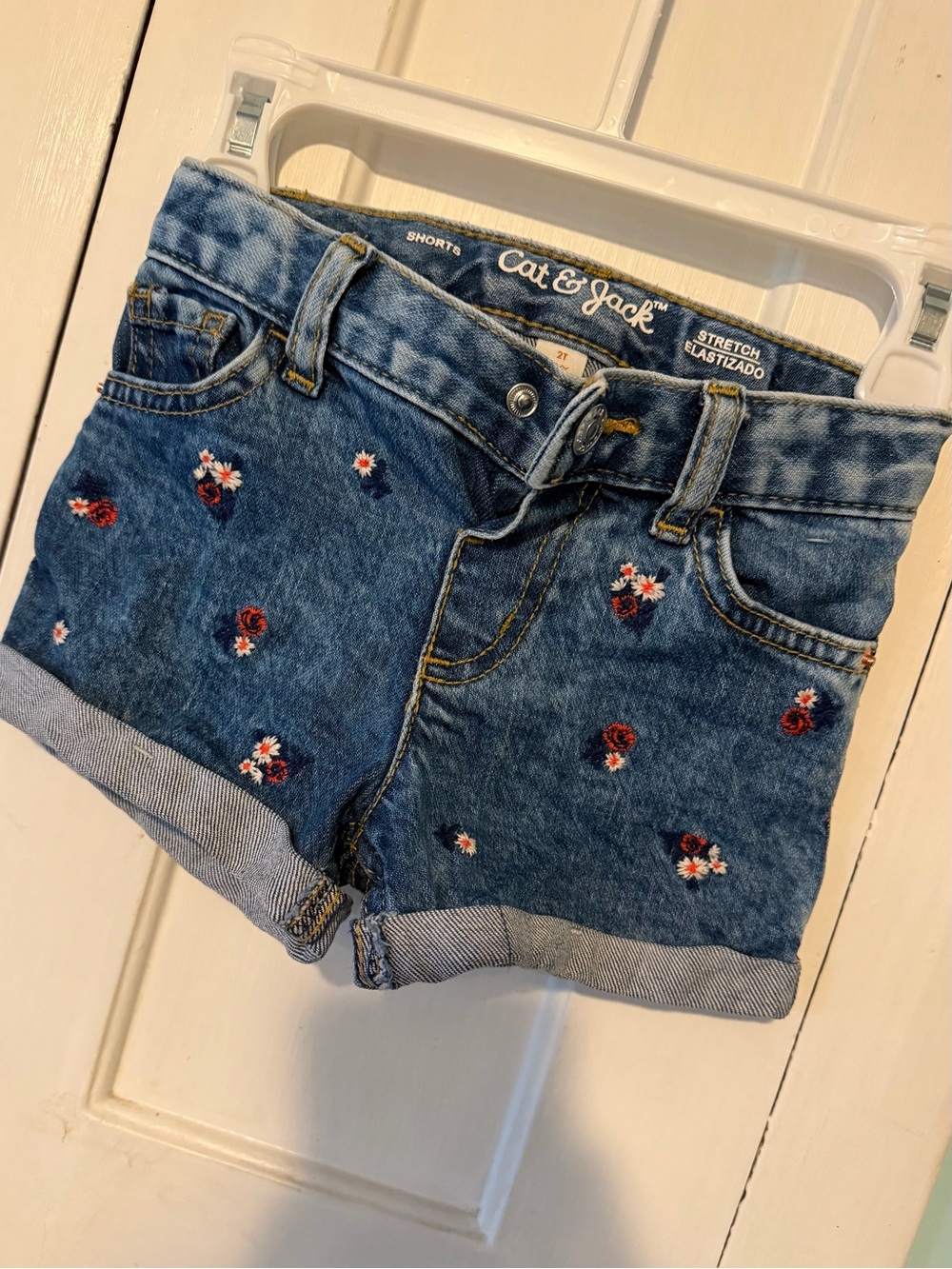 Cat & Jack Denim Shorts with Red and White Floral Embroidery